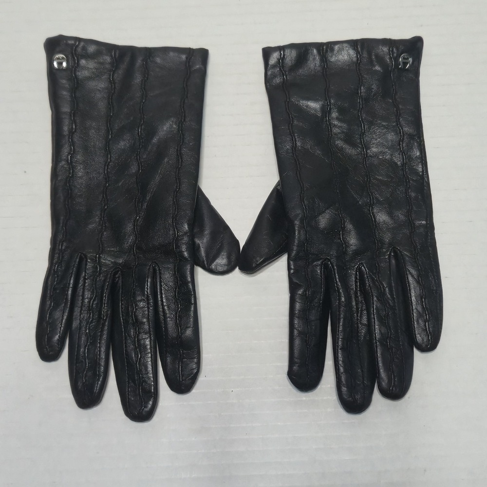 AIGNER Womens M Black Leather Gloves 100% Cashmere Lined Winter Driving Warm